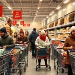 Téli nagybevásárlás a boltban, vásárlók kosarakkal.