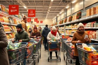 Téli nagybevásárlás a boltban, vásárlók kosarakkal.