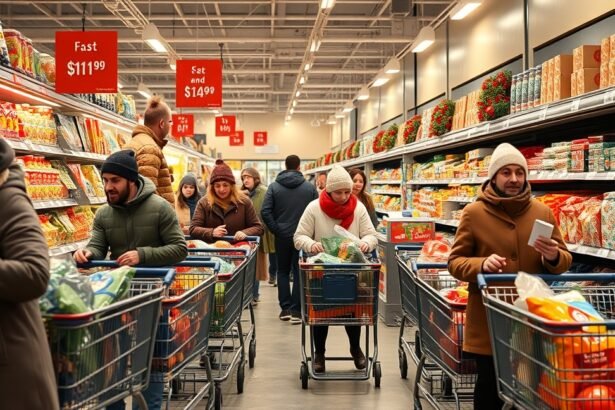 Téli nagybevásárlás a boltban, vásárlók kosarakkal.