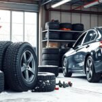 Egy autószerviz téli gumiabroncsokkal és egy autóval.