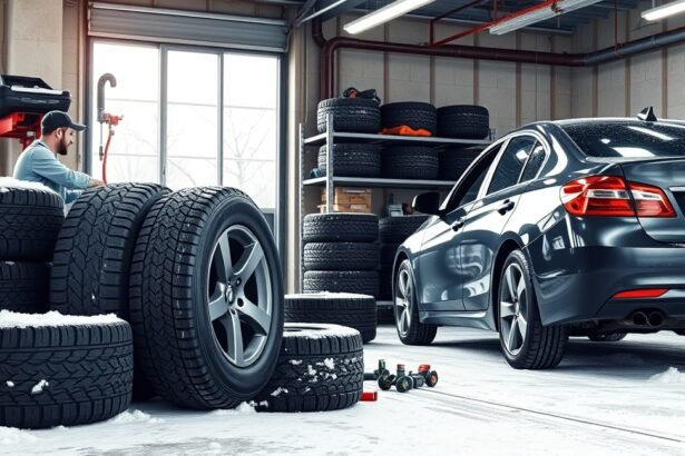 Egy autószerviz téli gumiabroncsokkal és egy autóval.