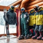 Téli sportfelszerelés síeléshez, beleértve a síbotokat és ruházatot.