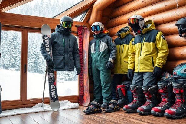 Téli sportfelszerelés síeléshez, beleértve a síbotokat és ruházatot.