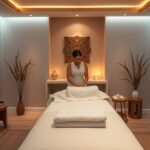 Teljes testmasszázs wellness központban relaxáló környezetben.