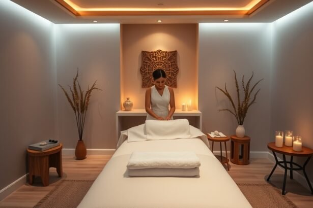 Teljes testmasszázs wellness központban relaxáló környezetben.