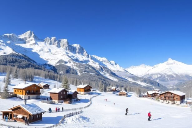 Téli síelés a Dolomitokban festői tájjal és hófedte hegyekkel.