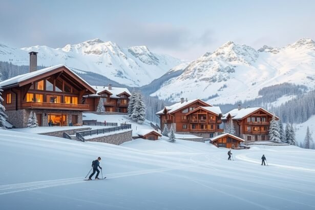 Luxus síüdülő téli táj, síelőkkel a hófödte lejtőn