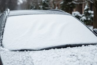 Téli szélvédő takaró havazás alatt egy autó szélvédőjén