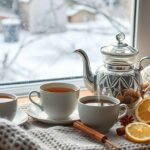 Téli teázás három csészével, ezüst teáskannával, citrommal és fahéjjal.