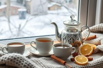 Téli teázás három csészével, ezüst teáskannával, citrommal és fahéjjal.