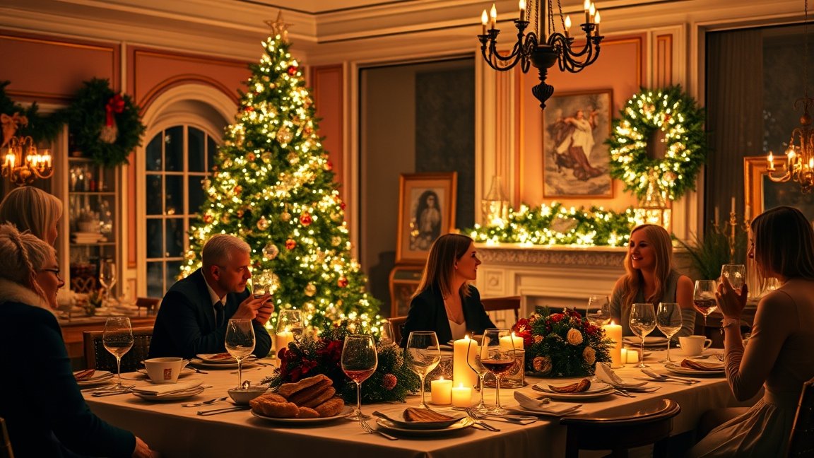 Elegáns karácsonyi vacsora ünnepi dekorációval és gyertyákkal.