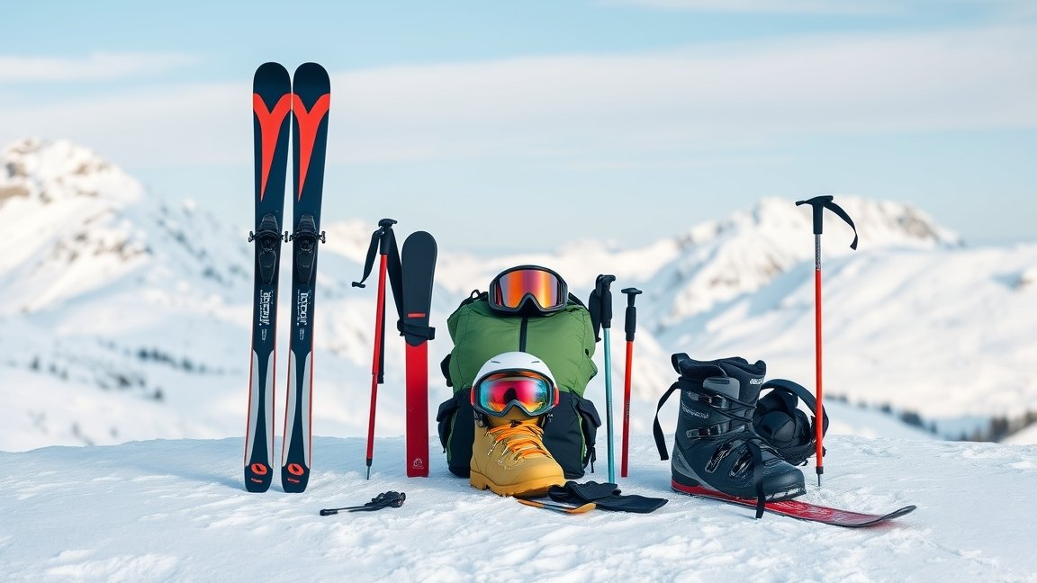 Teljes sífelszerelés csomag a hóban, síléc, sícipő, fejlámpa