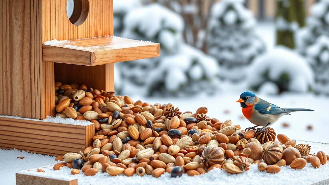Téli madáretető dolgos madarakkal és különféle madáreleségekkel.