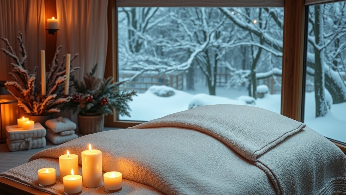 Téli masszázs helyszín gyertyákkal és pihenőággyal