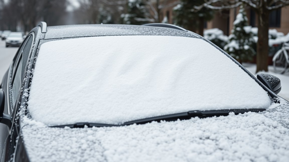 Téli szélvédő takaró havazás alatt egy autó szélvédőjén