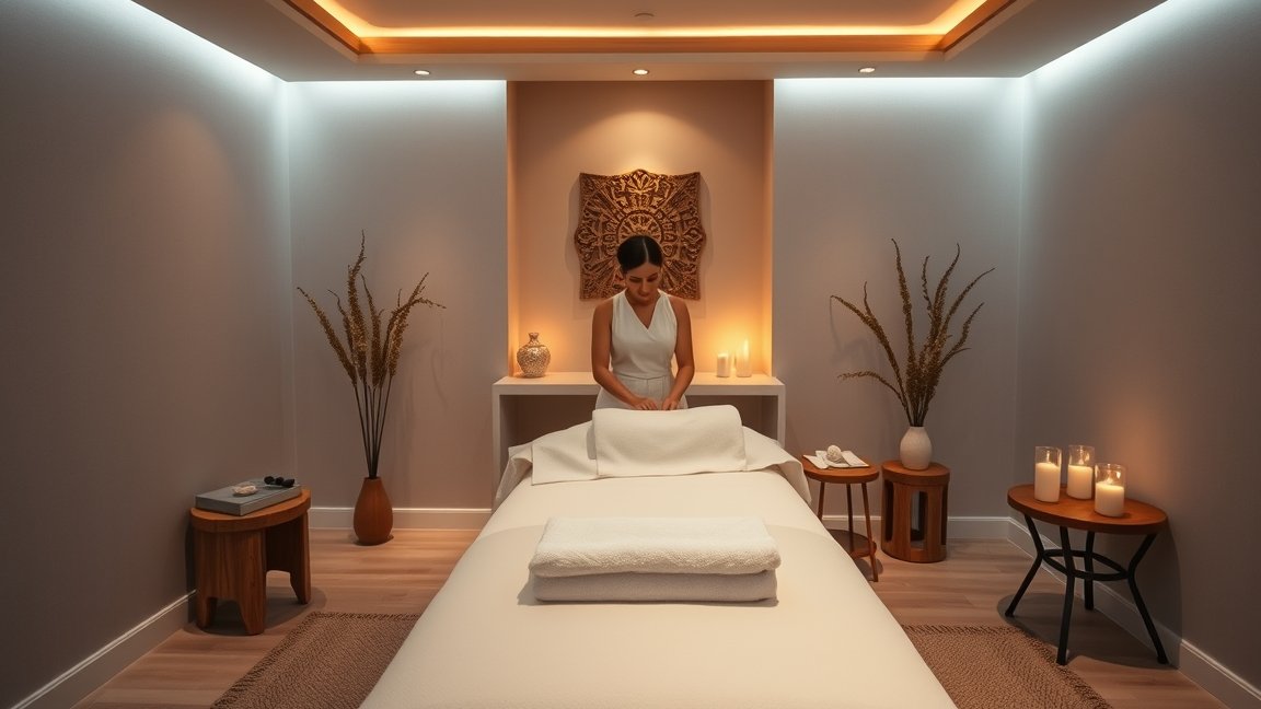Teljes testmasszázs wellness központban relaxáló környezetben.