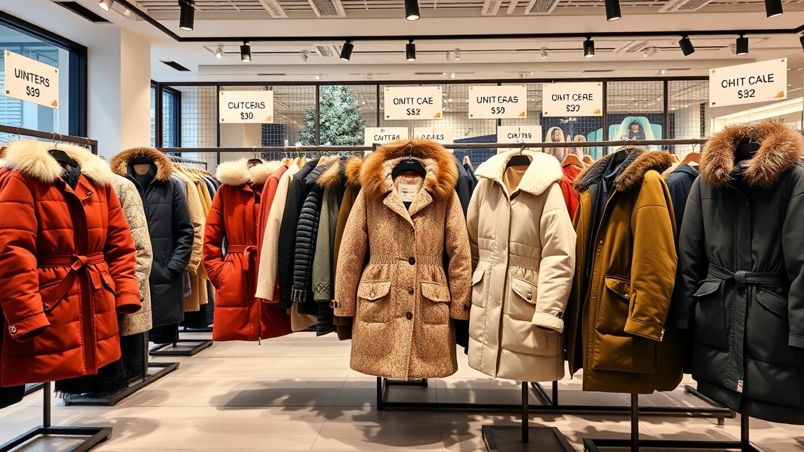 Télikabátok a boltban, különböző színek és árak láthatók.
