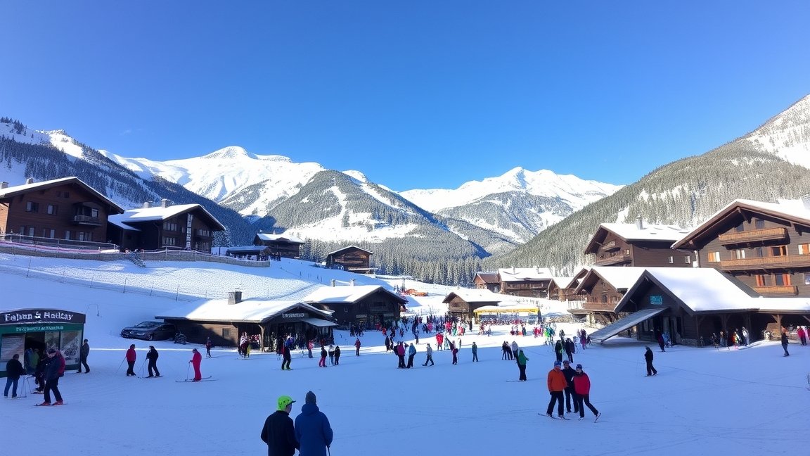 Síelés Ausztriában hóval borított hegyvidéken.