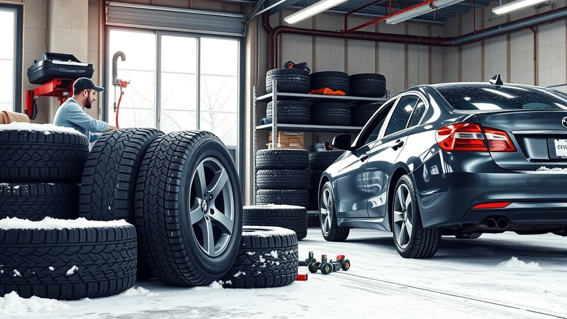 Egy autószerviz téli gumiabroncsokkal és egy autóval.