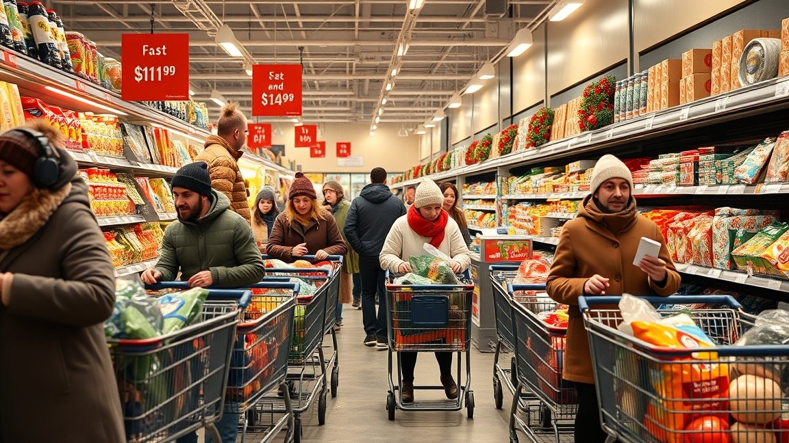Téli nagybevásárlás a boltban, vásárlók kosarakkal.