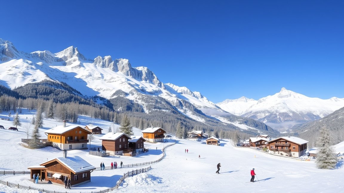 Téli síelés a Dolomitokban festői tájjal és hófedte hegyekkel.