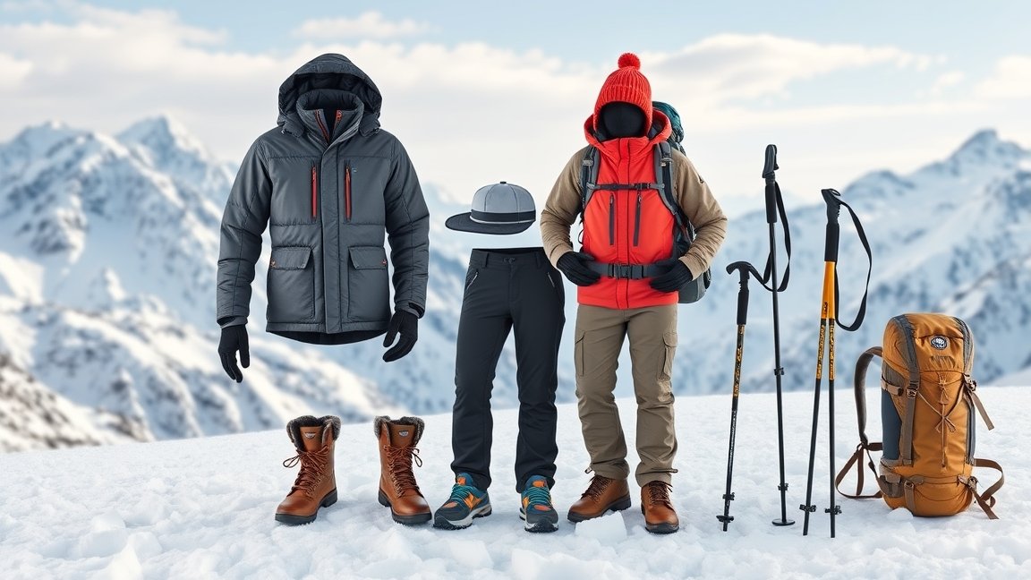 Téli túrafelszerelés szett a hegyekben, ideális téli túrázáshoz.