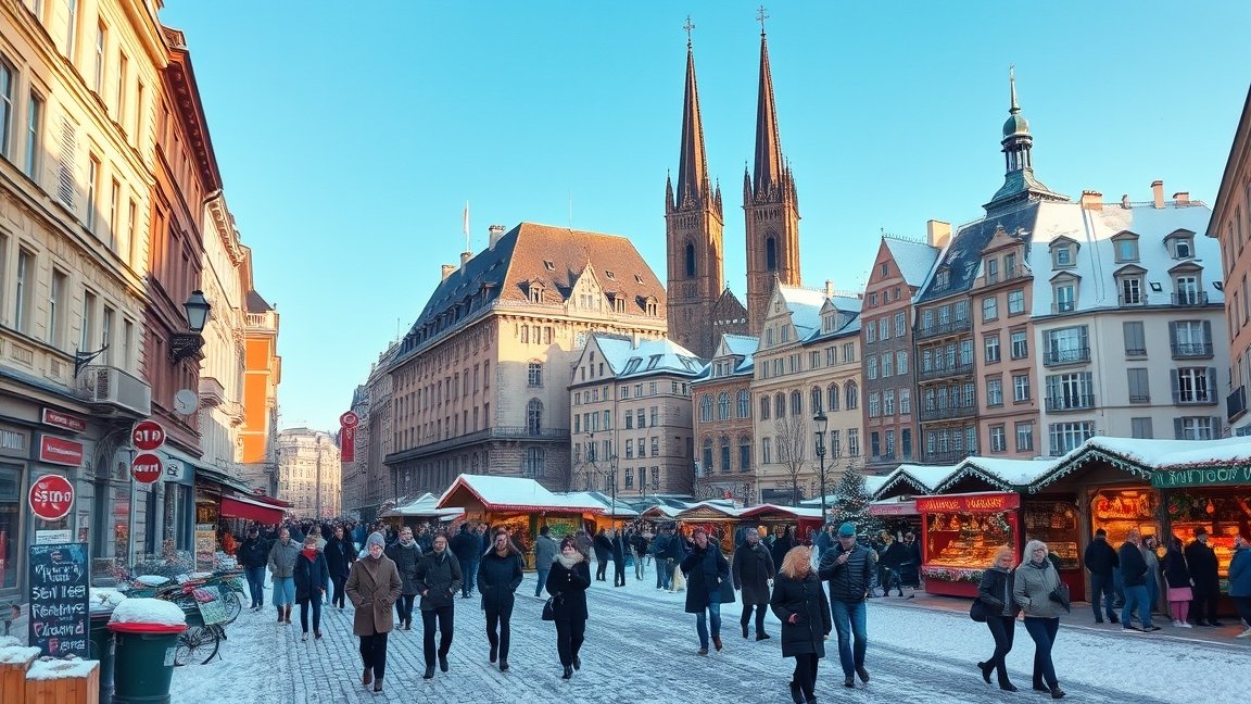 Téli városlátogatás egy hóval borított utcában, nyüzsgő emberekkel és karácsonyi vásárral.