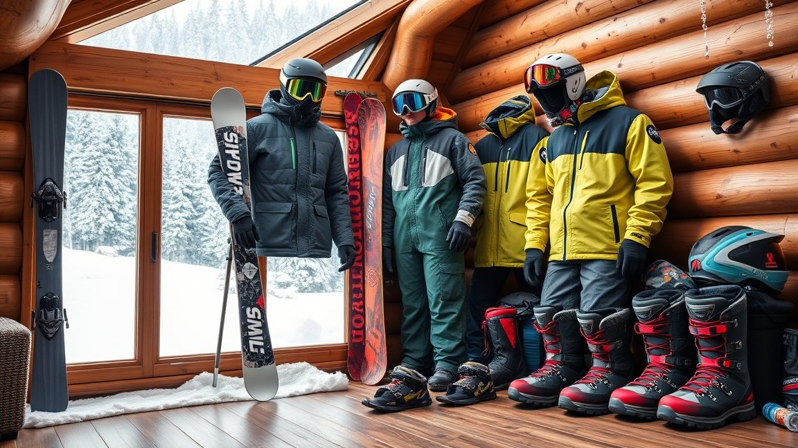 Téli sportfelszerelés síeléshez, beleértve a síbotokat és ruházatot.