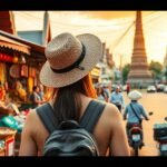 Turista Thaiföldön, élénk piac és naplemente háttér.
