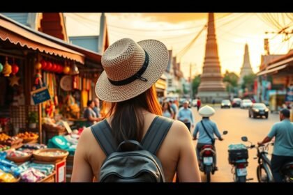Turista Thaiföldön, élénk piac és naplemente háttér.