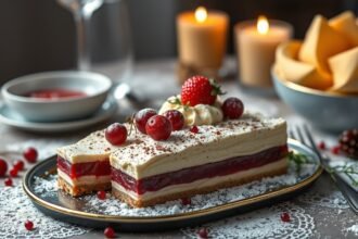 Uniós ünnepi desszert 6-8 fő részére, díszített friss gyümölcsökkel.