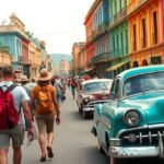 Havanna színes utcáin sétáló turisták és klasszikus autók