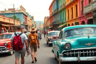 Havanna színes utcáin sétáló turisták és klasszikus autók