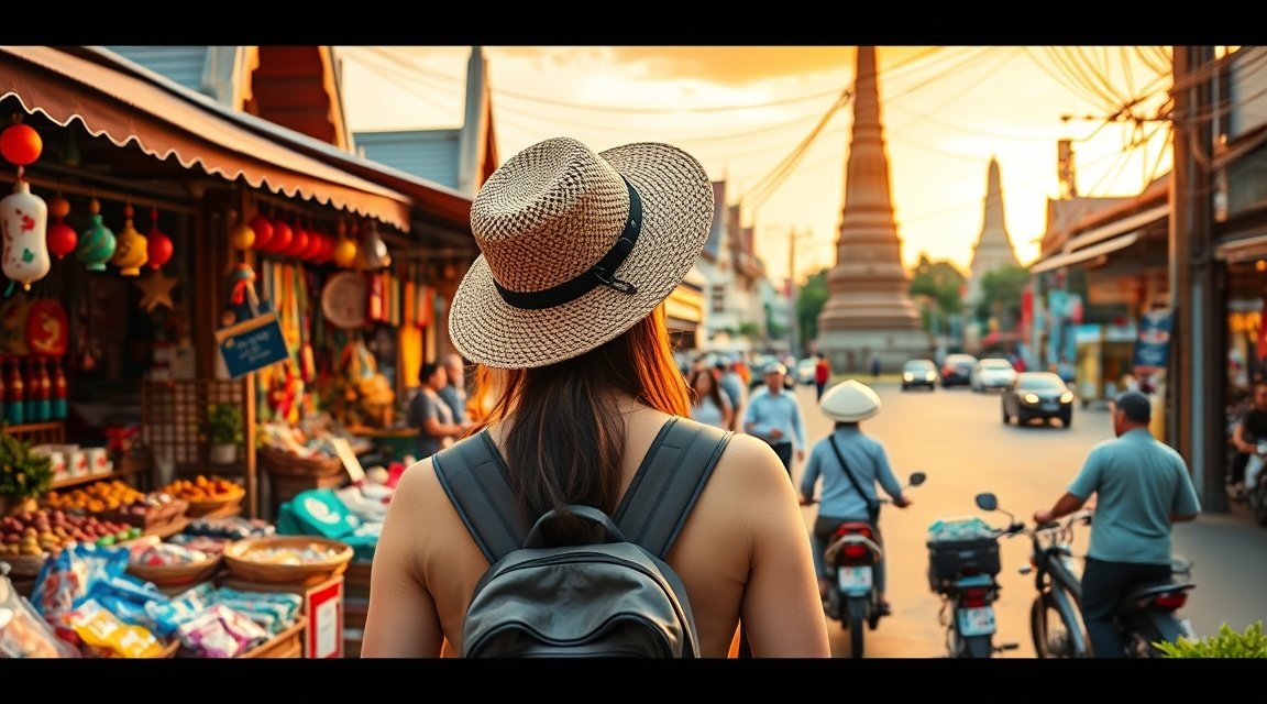 Turista Thaiföldön, élénk piac és naplemente háttér.