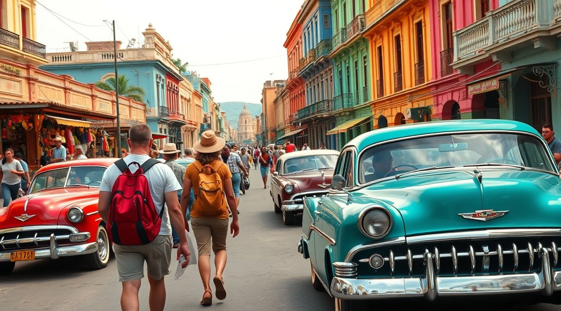 Havanna színes utcáin sétáló turisták és klasszikus autók